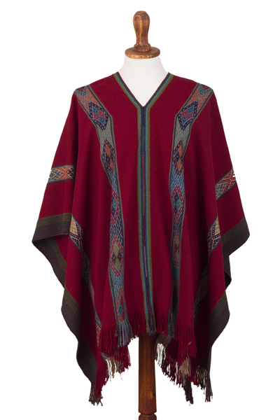 Backstrap Handwoven Baby Alpaca Poncho in Ruby Red