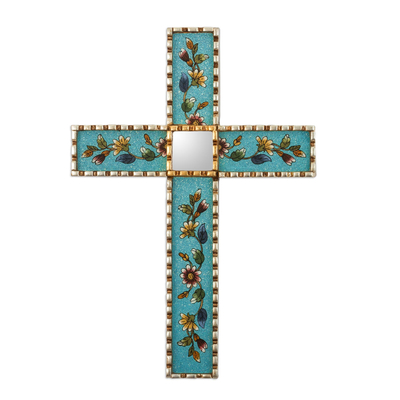 Hand Painted Glass and Wood Wall Cross