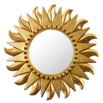 Round Wood and Bronze Leaf Sun Wall Mirror