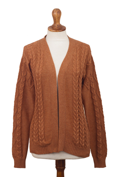 Eco Friendly Cable Knit Open Front Deep Orange Cardigan