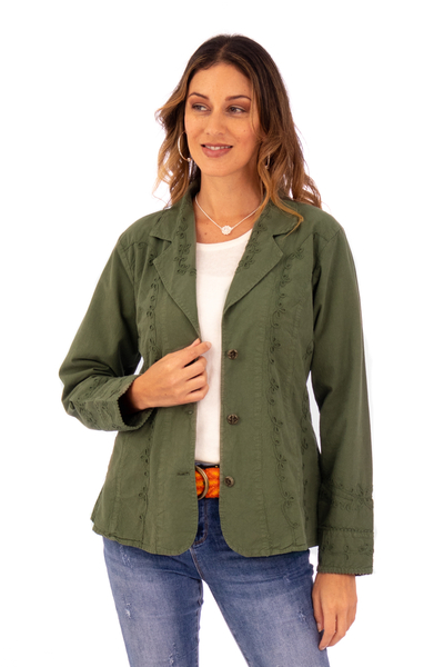 Embroidered Laurel Green Cotton Blazer Jacket from Peru