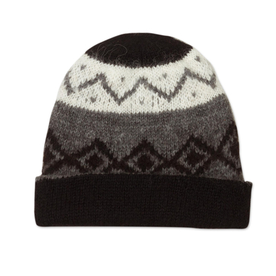 Knit 100% Alpaca Hat in Black and Grey