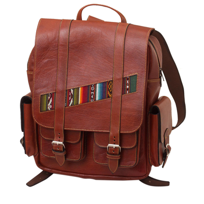 Handcrafted Brown Leather Backpack with Wool Accent