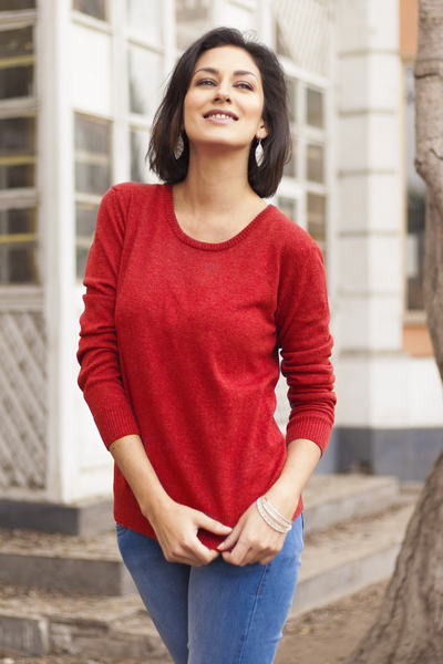 Red Knit Cotton Blend Crew Neck Pullover from Peru