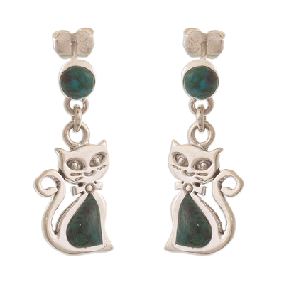 Green Chrysocolla and Silver Cat Dangle Earrings