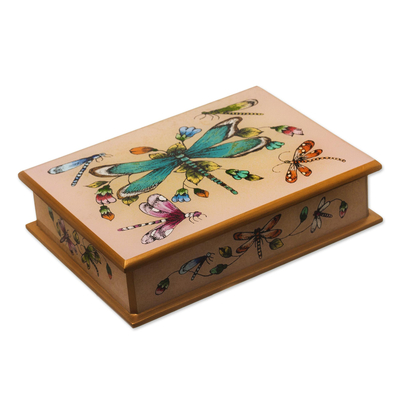 Andean Reverse-Painted Glass Dragonfly Box in Blush Pink