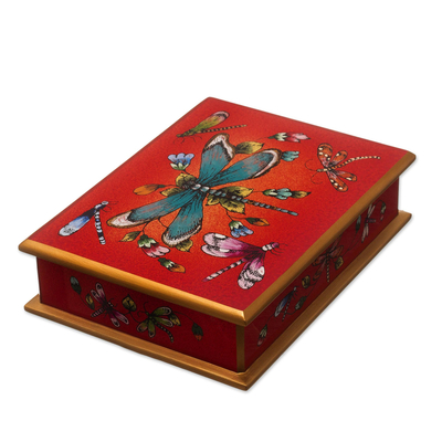 Andean Reverse-Painted Glass Dragonfly Box in Red