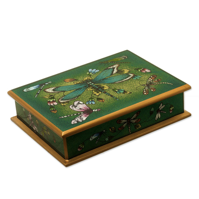 Andean Reverse-Painted Glass Dragonfly Box in Emerald Green