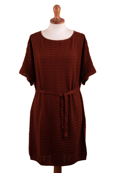 Cotton Knitted Belted T-Shirt Dress in Russet Red from Peru