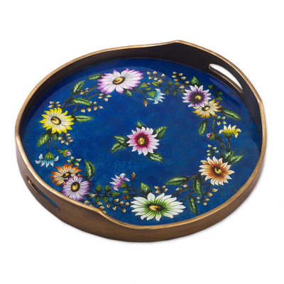 Floral Reverse-Painted Glass Tray