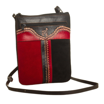 Llama-Themed Red and Black Suede Leather Sling from Peru