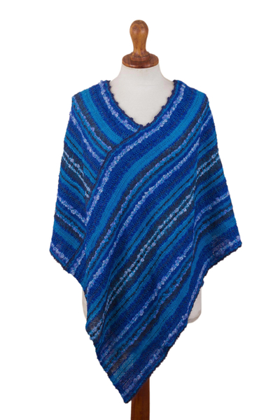 Hand Woven Blue Baby Alpaca Blend Poncho from Peru