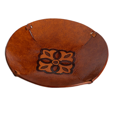 Brown Hand Tooled Leather Catchall Plate from Peru