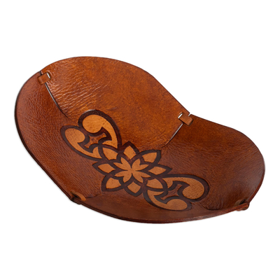 Hand Crafted Leather Catchall with Floral Design from Peru