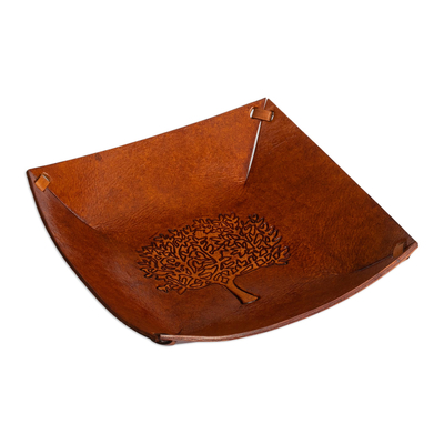 Squared Brown Hand Tooled Leather Catchall from Peru