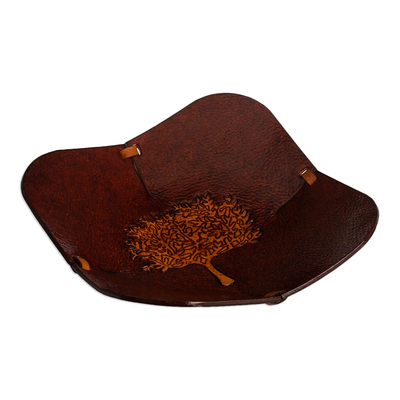 Brown Tree Motif Hand Tooled Leather Catchall from Peru