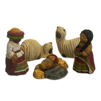 Andean Ceramic Nativity Set with Alpacas from Peru