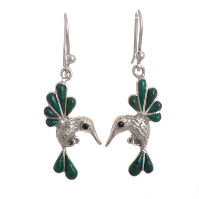 Chrysocolla and Onyx Hummingbird Dangle Earrings from Peru