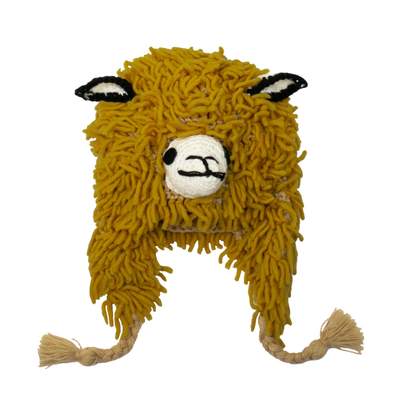 Furry Ochre Llama Wool Blend Beanie Hat from Peru