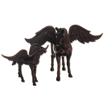 Set of Two Hand Carved Pegasus Horse Sculptures from Peru