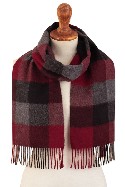 Very Soft Red and Black Plaid Alpaca Wool Scarf