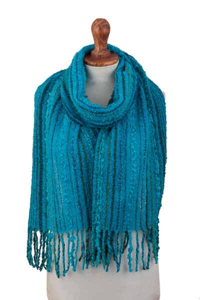 Handwoven Baby Alpaca Blend Scarf in Blues and Turquoise