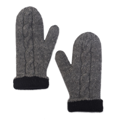 Grey 100% Alpaca Hand Knit Mittens With Cable Knit Design