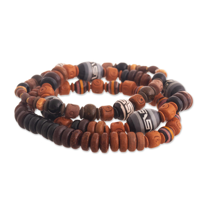 Set of 3 Handmade Stretch Bracelets of Brown Ceramic Beads