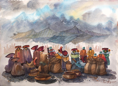 Original Market Scene Watercolor Painting