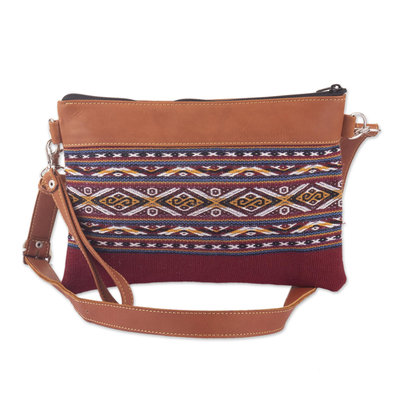 Brown Leather and Handwoven Cloth Clutch and Shoulder Bag