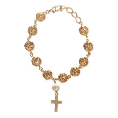 Gold Filigree Decennary Rosary Bracelet with Cross and Pearl