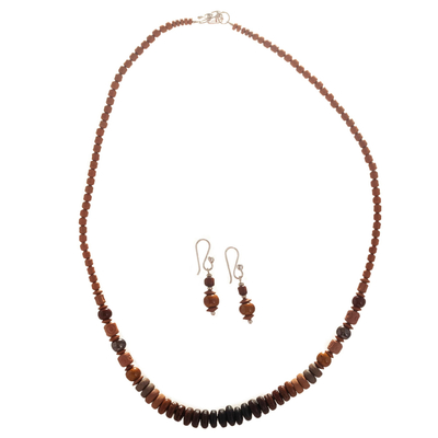 Brown Ceramic Beaded Necklace and Earring Set from Peru