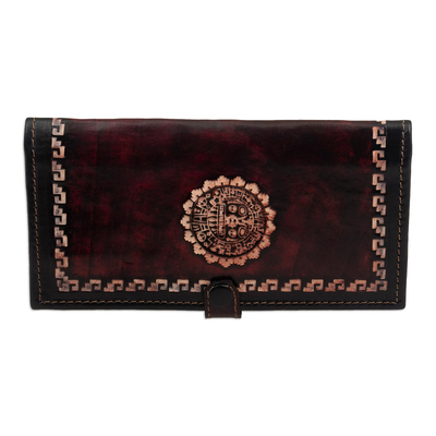 Brown Leather Wallet with Embossed Inca Sun Symbol from Peru