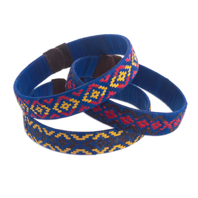 Three Blue Cuff Bracelets Woven with Colombian Cane Fiber