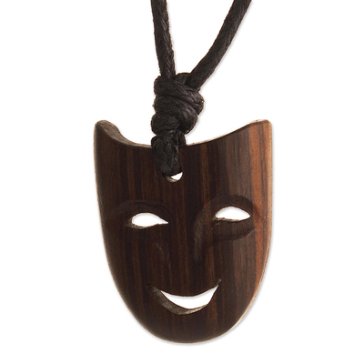 Classic Comedy Mask Pendent of Tropical Wood from Peru