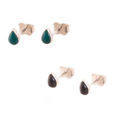 Chrysocolla and Black Onyx Stud Earrings (Two Pairs)