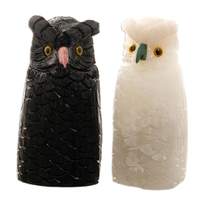 5-Inch Black and White Onyx Owl Figurines (Pair)