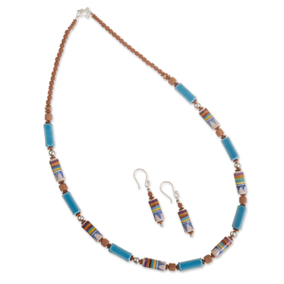 Blue Ceramic Bead Necklace and Earring Set from Peru