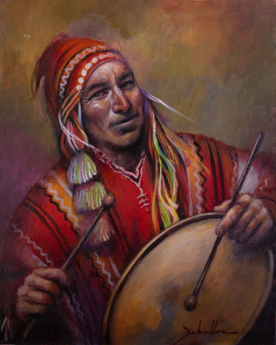 Original Signed Oil Portrait of an Andean Drummer