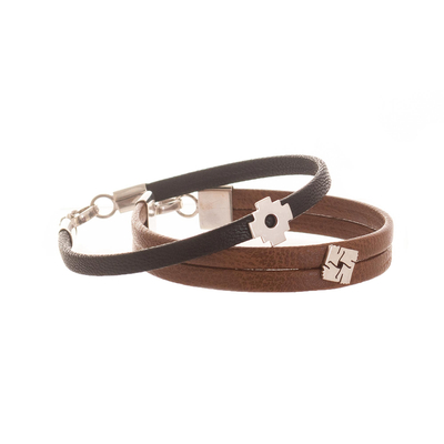 Light and Dark Brown Wristbands with Sterling Silver (Pair)