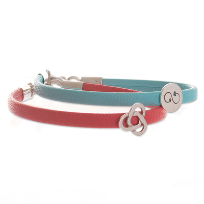 Red and Blue Wristband Bracelets with Sterling Silver (Pair)