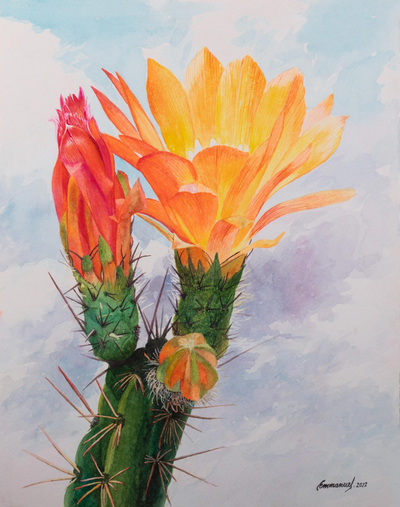 Realist Watercolor Painting of Cactus Flowers