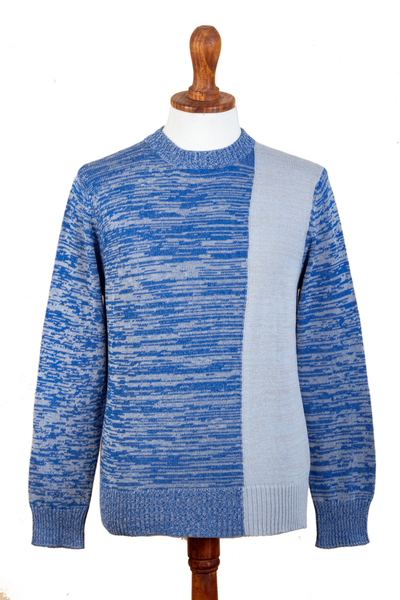 Knit Blue Beige Cotton Sweater for Men Made in Peru