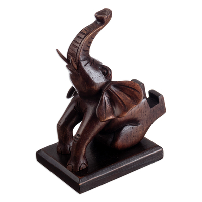 Cedar Wood Hand-Carved Elephant Phone Holder from Peru