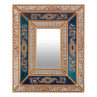 Handcrafted Reverse-Painted Glass Wall Mirror Gold from Peru