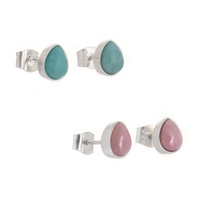 Sterling Silver Stud Earrings with Opal and Amazonite (Pair)