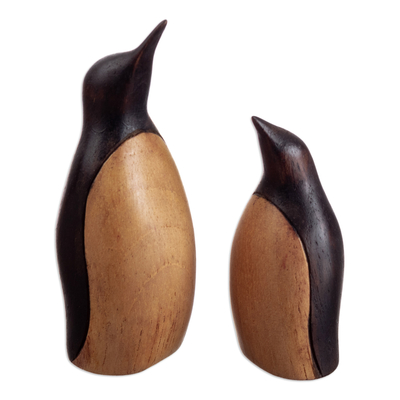 Handcarved Cedar Wood Penguin Animal Themed Figurines (Pair)