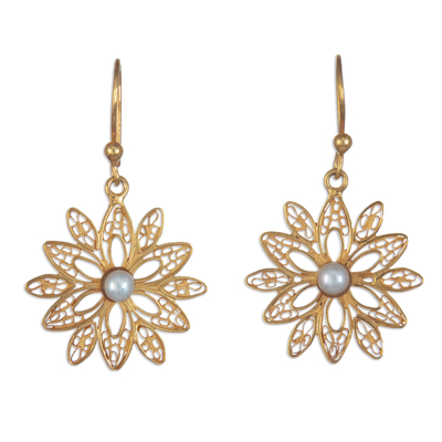 Cultured Pearls Gold-plated Filigree Floral Dangle Earrings