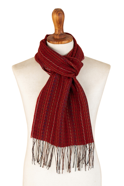 Red Baby Alpaca Blend Hand-woven Striped Scarf from Peru