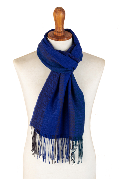 Blue Baby Alpaca Blend Hand-woven Striped Scarf from Peru